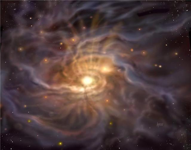 An artist's impression of the forming massive star. (Credit: David A. Hardy/www.astroart.org) 